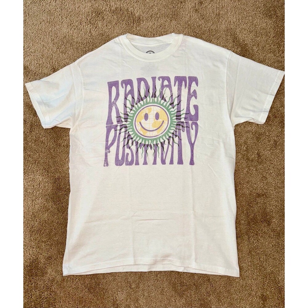 Radiate Positivity T-Shirt White Purple Sun Graphic Tee Size - Unisex Medium